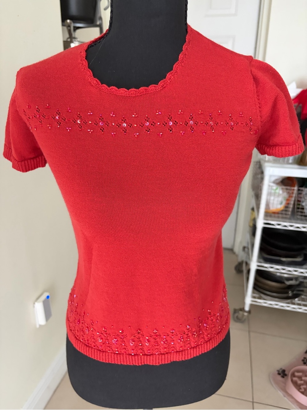Oscar de la Renta Vibrant Red Short-Sleeve Knit Top with Embellished Trim